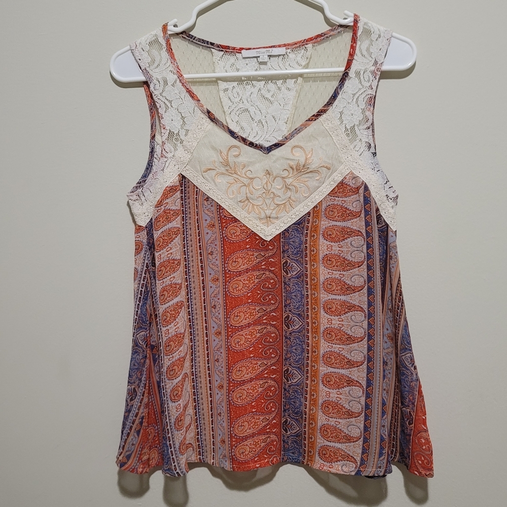 Miss Me Lace and Embroidered Red and Blue Paisely Sleeveless Tank Top size S